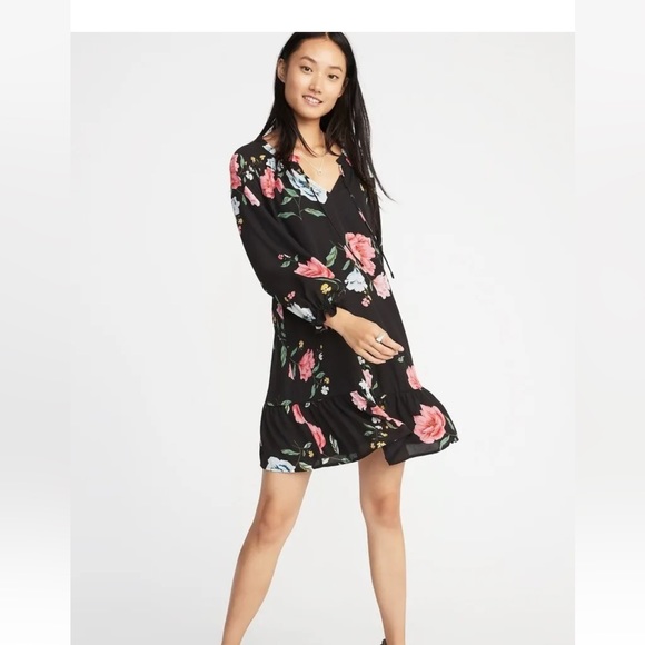 Old Navy Dress NEW Womens XS Floral Print Swing Long Sleeve X SMALL 0 2 Black - Picture 1 of 8